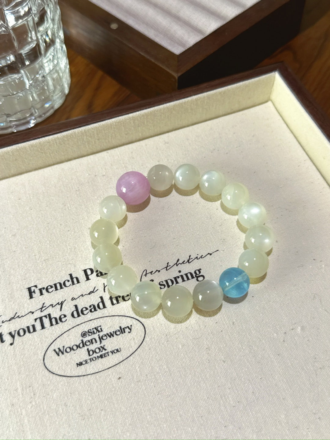 ▫️▪️ White moonlight purple aquamarine bracelet